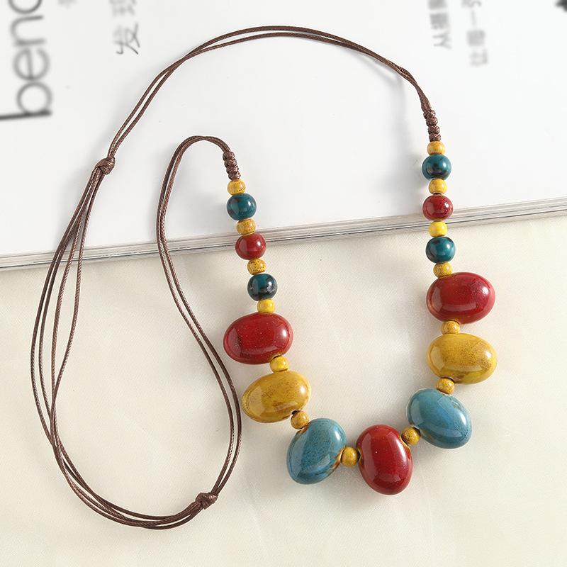 Vintage  Bohemian Style Handmade Colorful Adjustable Length   Ceramic Long Necklace for Women