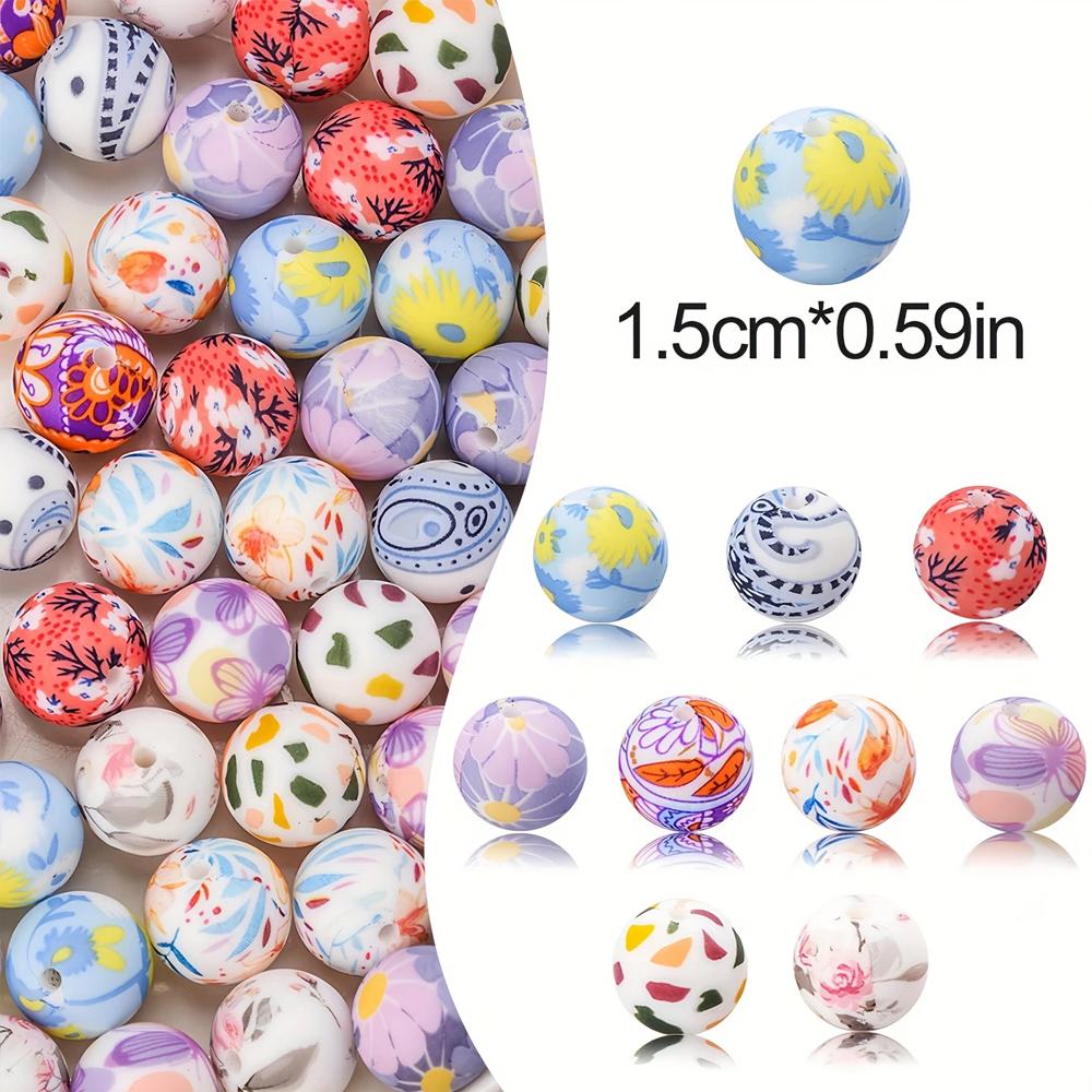 10/10pcs 15mm silicone beads with various styles of printed patterns, perfect DIY bead handmade accessories, fashionable jewelry
