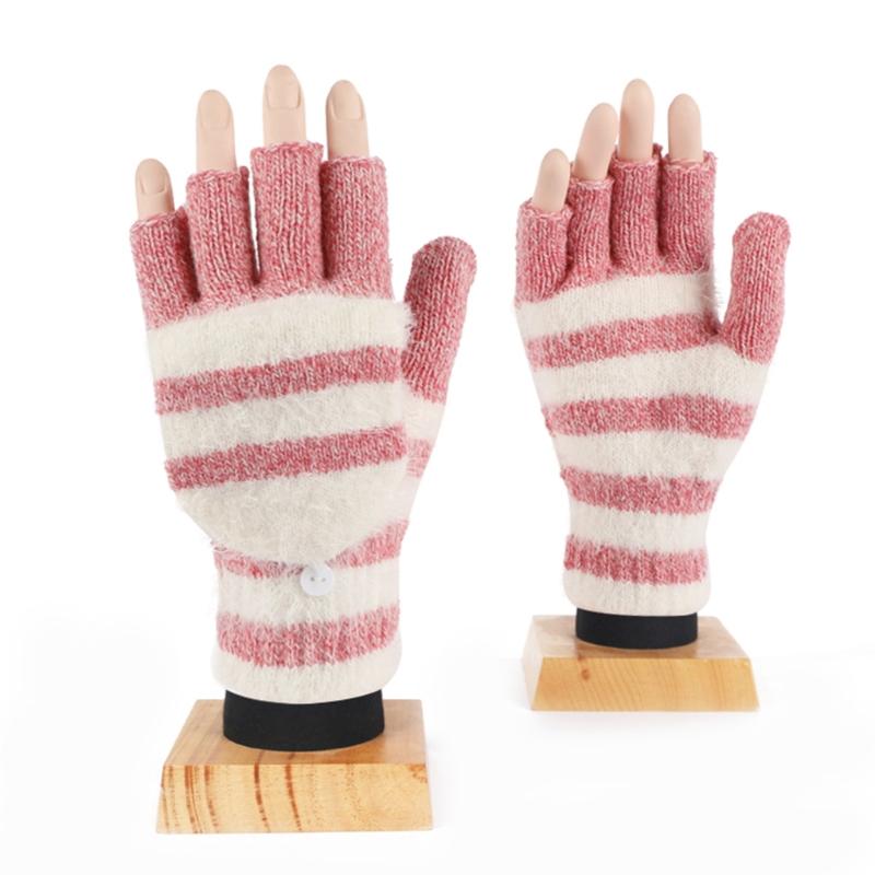 Soft Warm Gloves Winter Knitted Gloves Soft Cartoon Striped Fingerless Gloves with Flip Top Warm Glove Stretchy Mitten