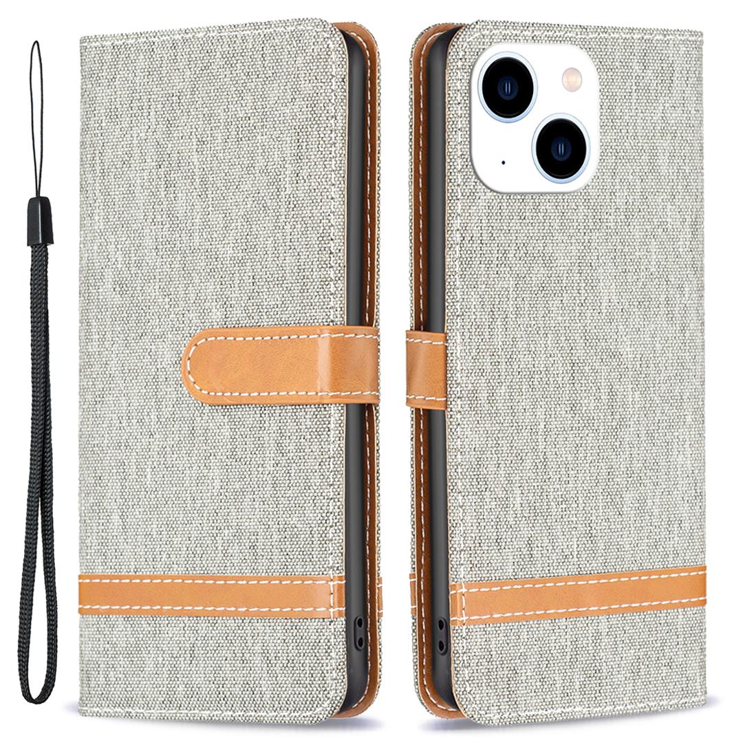 

Для iPhone 15 Джинсовая ткань Сращивание ПУ кожа+ТПУ Чехол для телефона Кошелек Подставка Противоцарапная крышка Grey