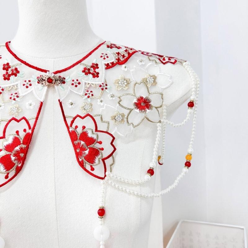 Traditional Chinese Styles Embroidery Collar Tassels Pearls Detachable Cloud Cape Decorative Collar Costume Accessory