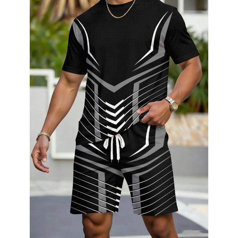 Casual Sports Suit, Breathable Outdoor Leisure Men'S Round Neck T-Shirt And Shorts Set, Summer Digital Print Outfit for Adult Men, Plus Size