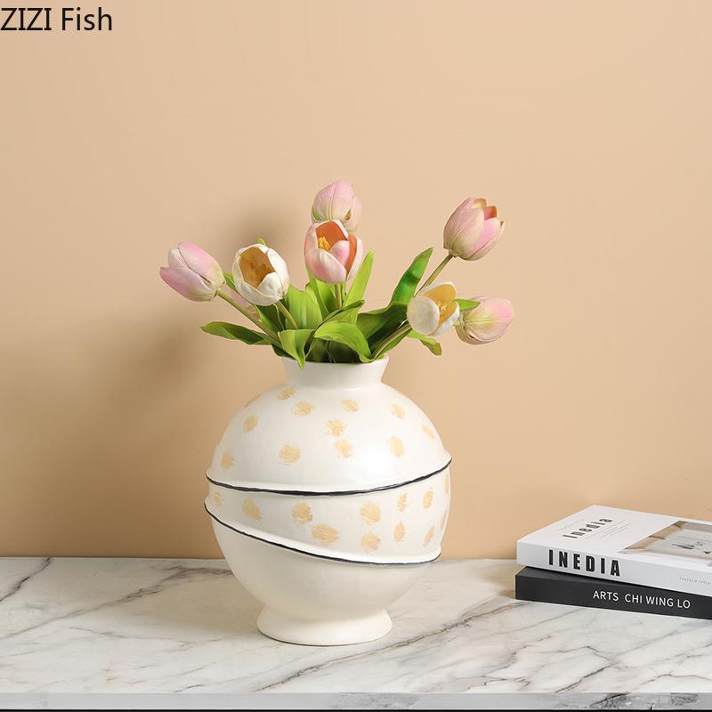 Painted Round Vase Resin Handicrafts Flower Pots Table Decoration Modern Flowers Arrangement Floral Vases Room Aesthetic Decor