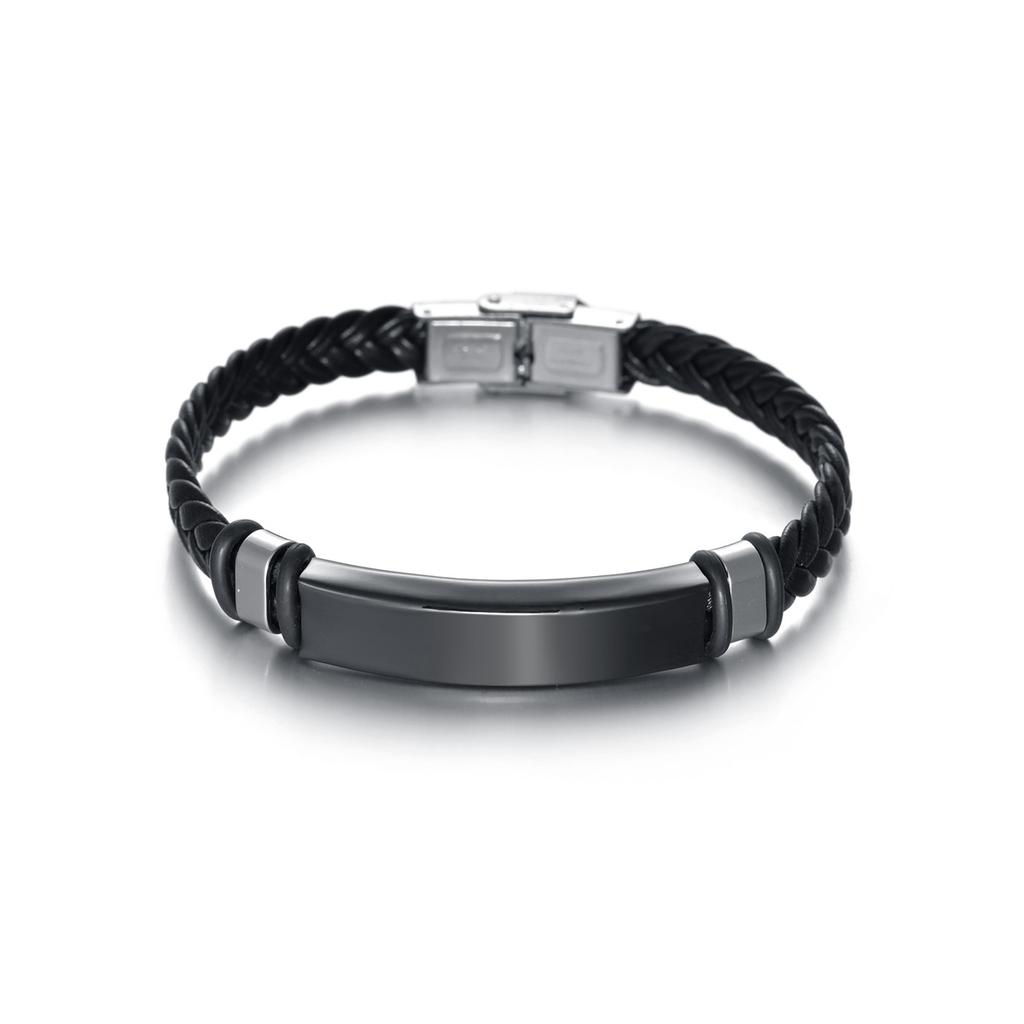 Simple Twisted Braid Leather Bracelet Stainless Steel Chain Engravable Jewelry