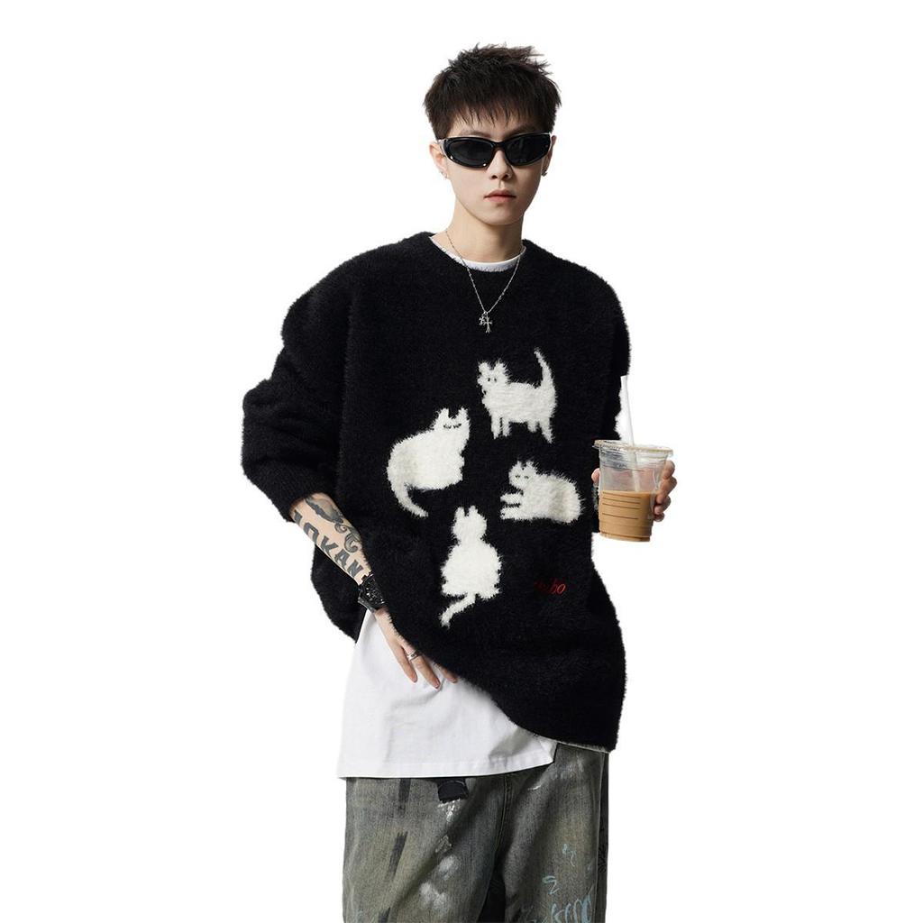 Trendy Cartoon Cat Knit Sweater: Men's Autumn/Winter Round Neck Couple's Loose Casual Style