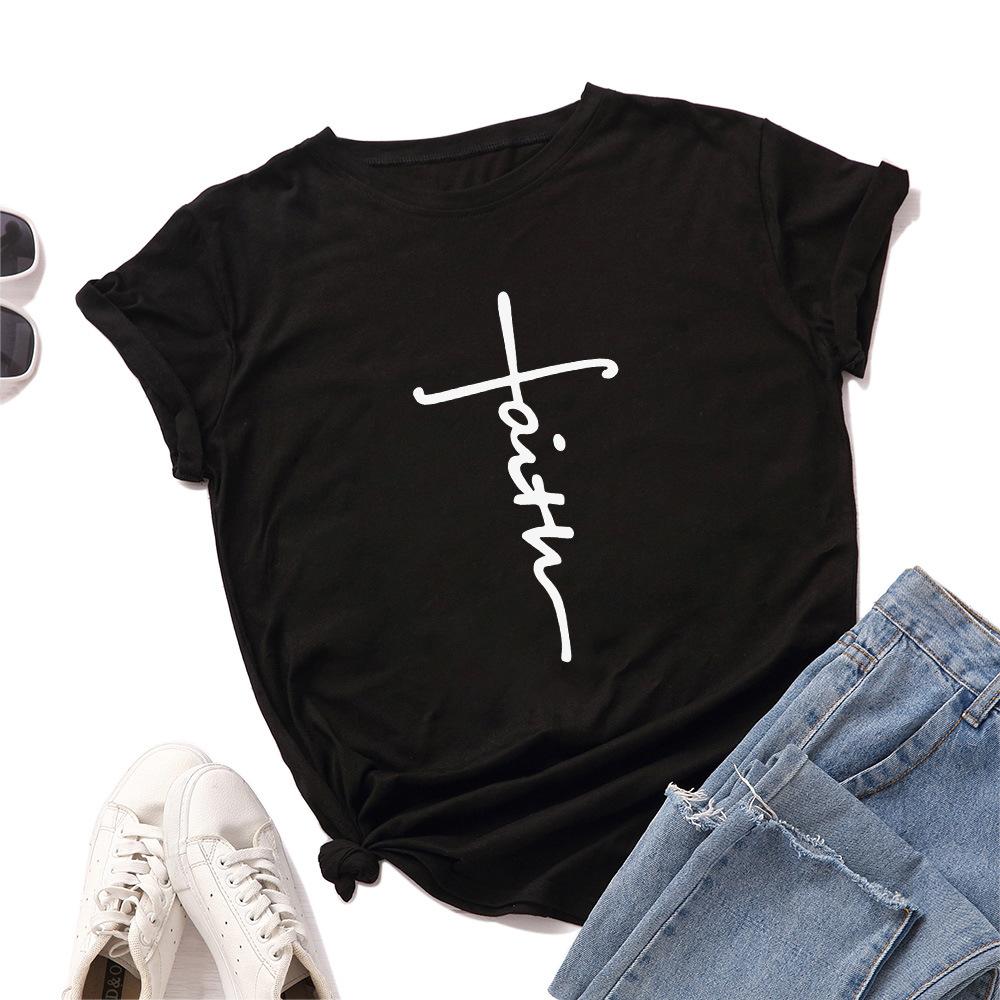 

Summer Round Neck Heart-shaped Letter Faith Printed Top Fashionable Casual Pure Cotton Short Sleeved Women s T-shirt S чёрный