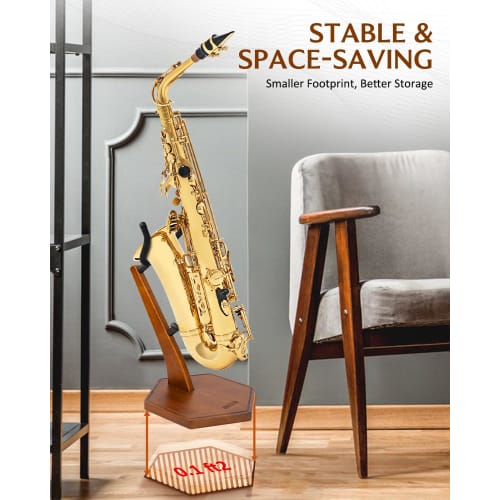 Suport pentru saxofon STRICH, Lemn masiv, pentru Alto și Tenor, Suport stabil de podea cu bază grea, Culoare nuc, FH-4