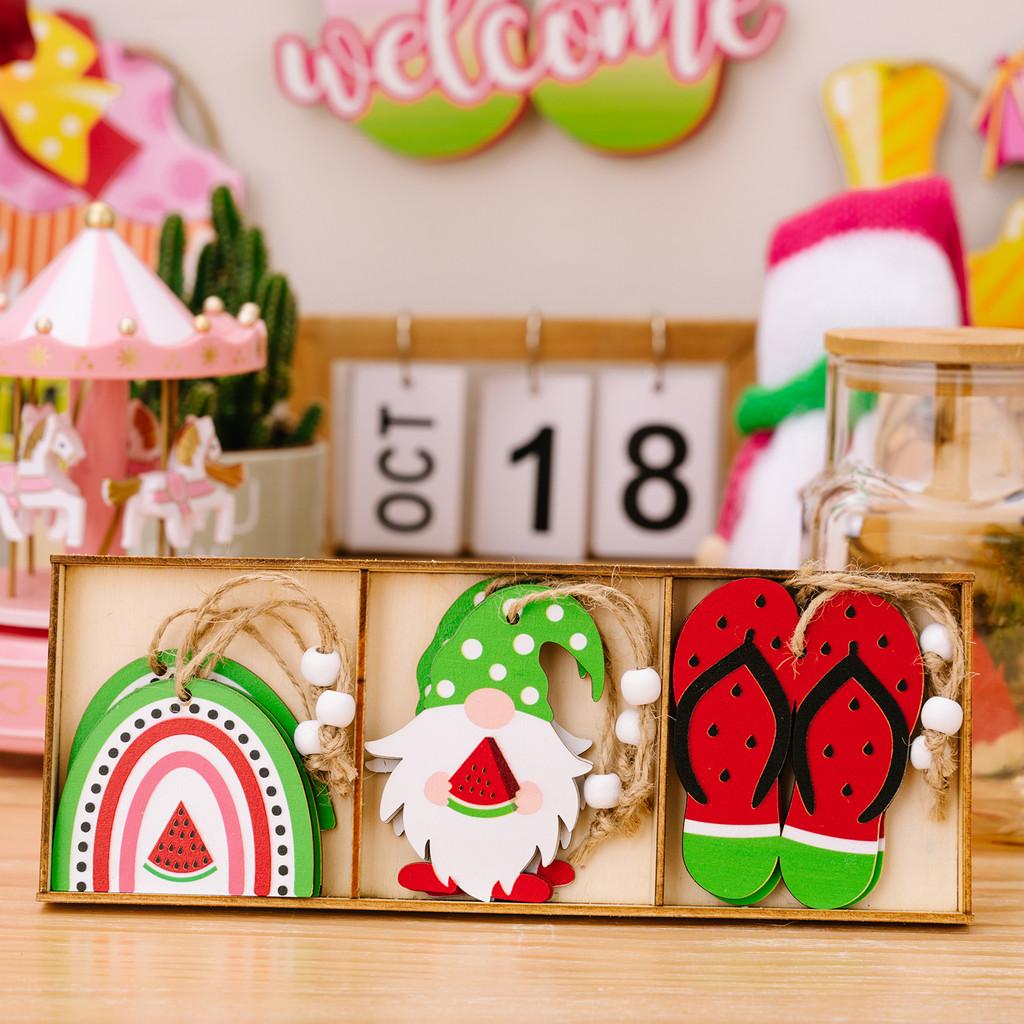 

Whimsical Three Watermelon Compartment Wooden Hanging Accessory For Seasonal Use Watermelon B