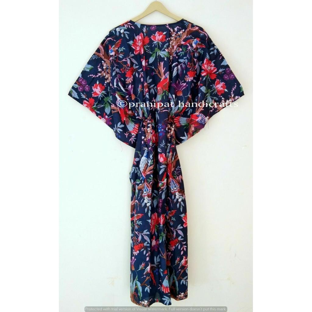 Indisch Blau Lang Vogel Bedruckt Baumwolle Übergröße Maxi Damen Überwurf Kaftan Kleid CKFTN-SCRN-FULL-BUYIT-061