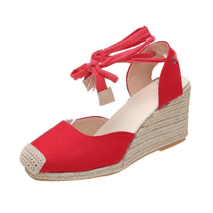 European & American Snakeskin Pattern Jute Wedge Women's Closed-Toe Backless Summer Sandals, Plus Size High Heel Shoes