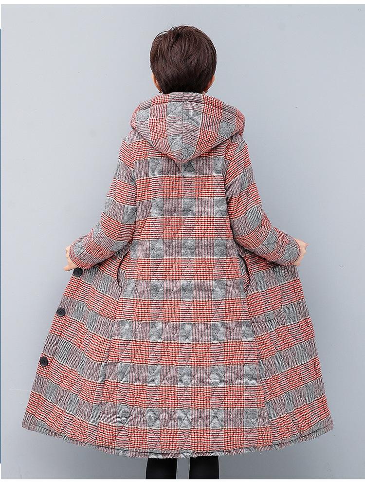 Women's Mid-length Plaid Cotton Coat - Velvet-lined, Thickened for Autumn/Winter
