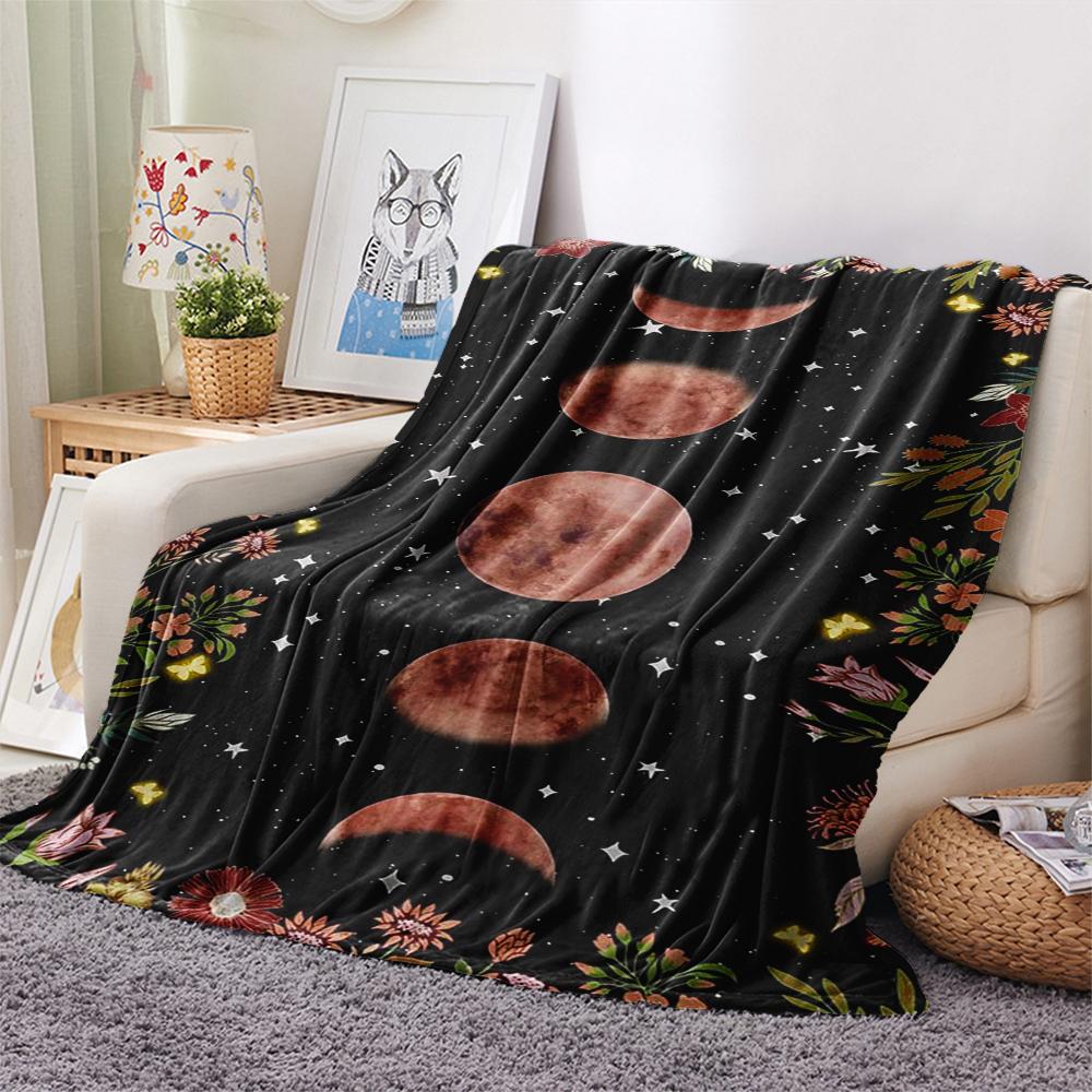 1Pc Floral Moon Print Flannel Blanket, High Quality Comfortable for All Seasons, Home Decor, Warmth and Comfort, Perfect for Gifts