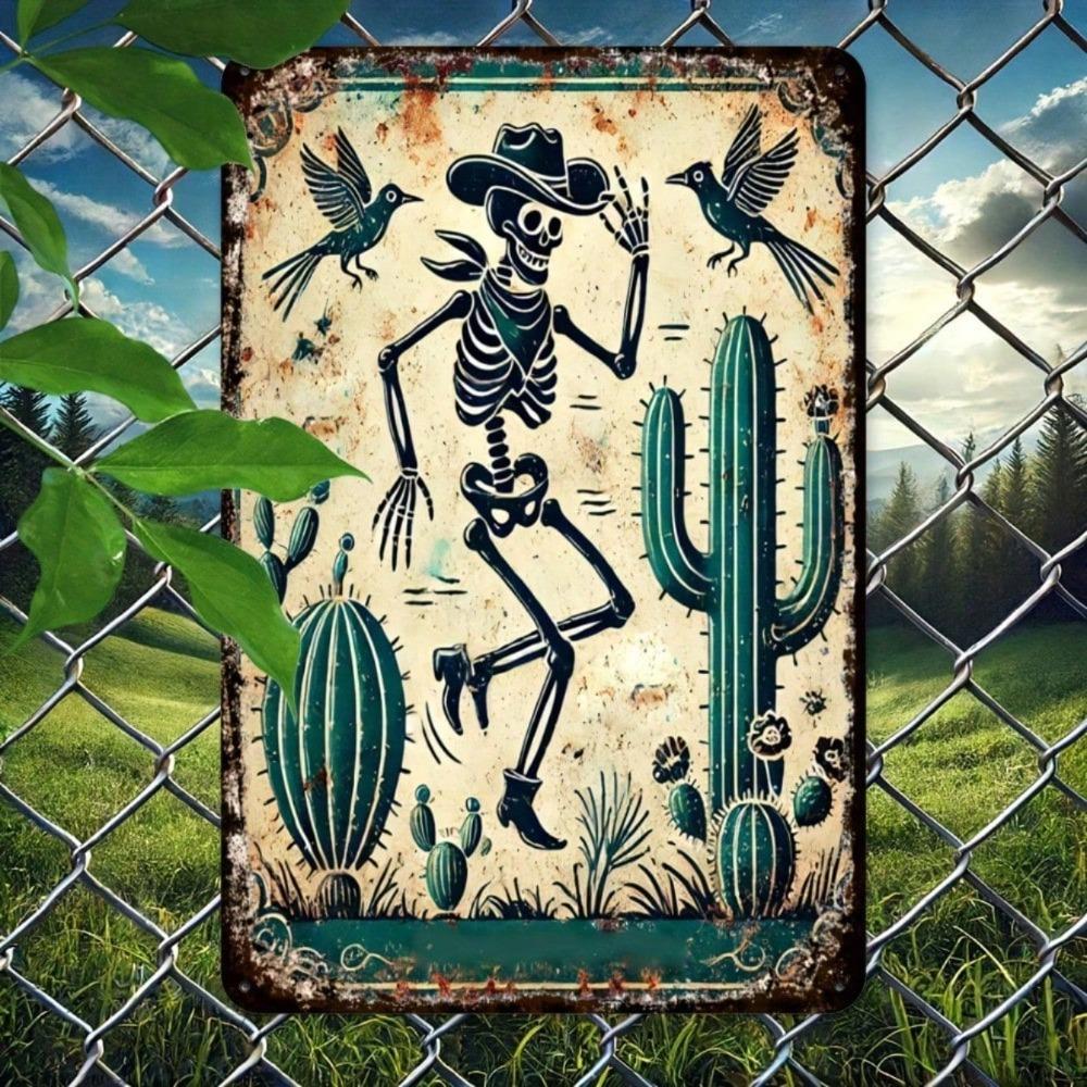 Vintage Western Cowboy Skeleton Parrot Tin Sign 8x12In Rustic Metal Wall Art Bar Cafe Decor