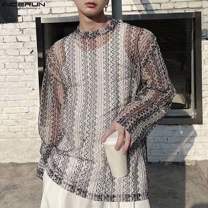 

INCERUN летние мужские свободные сетчатые футболки с длинными рукавами, прозрачные повседневные свободные топы в сеточку, большие размеры