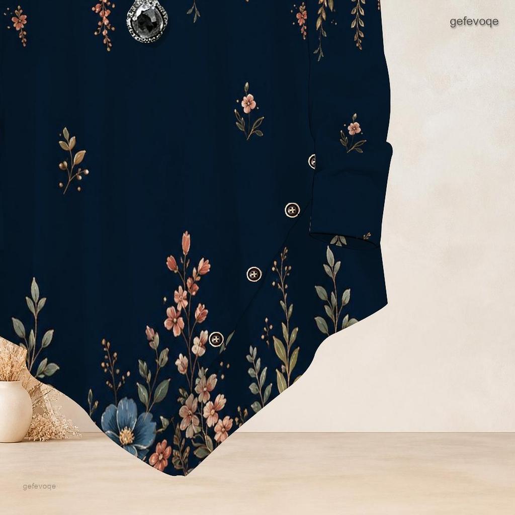 Women Plus Size Round Neck Long Sleeve T Shirt Dark Green Gold Floral Printed Asymmetric Hem Button Detail
