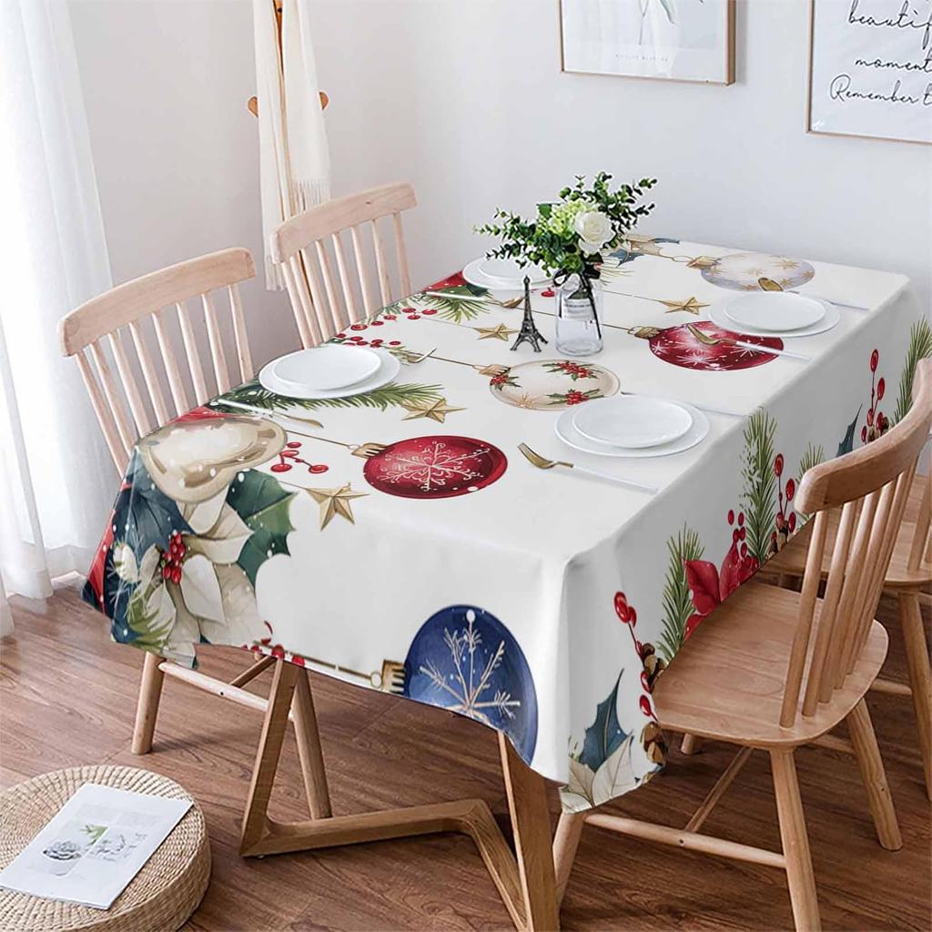Weihnachts-Poinsettia-Beere Weihnachts-Kugel Wasserdichte Tischdecke für Tischdeko Winter Küche Esszimmer Tischdecke Weihnachtsdekoration