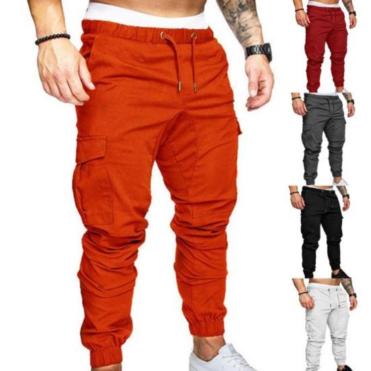 Skinny Cargo Pants Casual Men Solid Color Drawstring Waist Ankle Tied Pockets