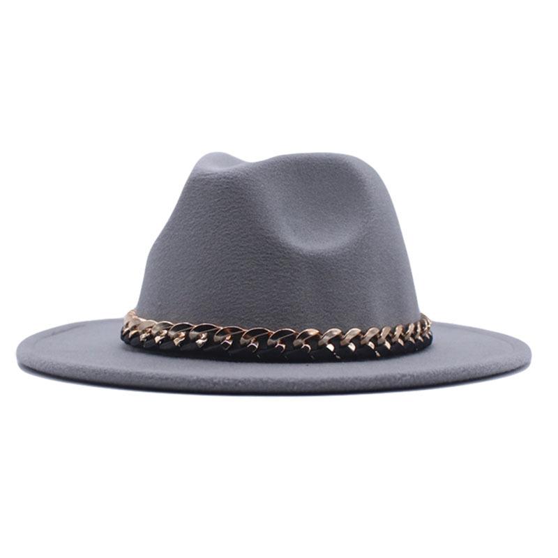 European, American Autumn and Winter British Style Fashionable and Elegant Flat-brimmed Big Eaves Hat Top Hat Men and Women Chain Jazz Woolen Hat