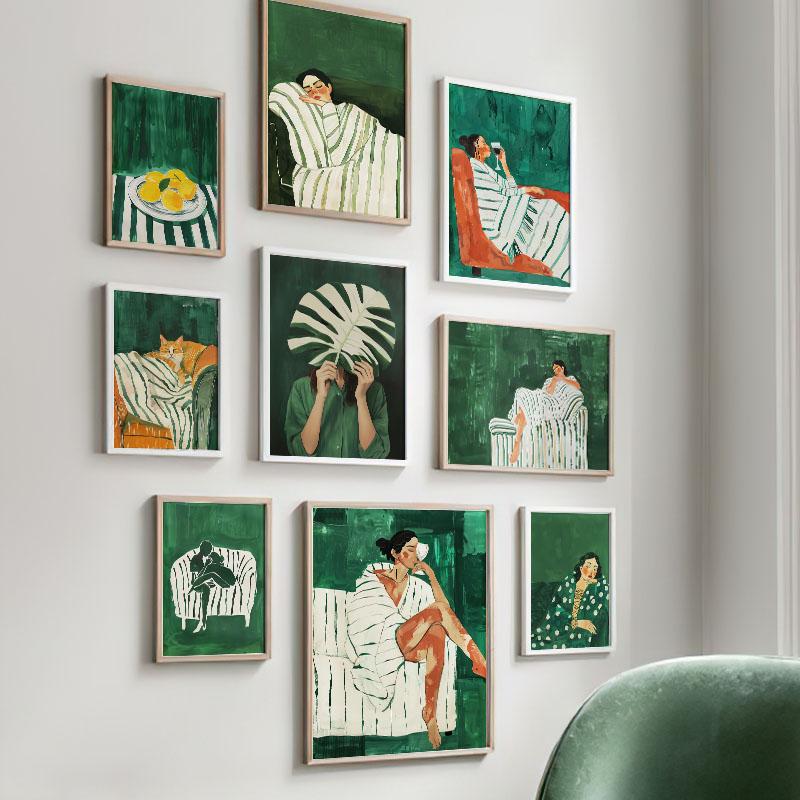 Green Striped Girl Lemon Leaf Wall Art Canvas Painting Abstract Posters And Prints Hotel Bar Wall Pictures For Living Room Decor