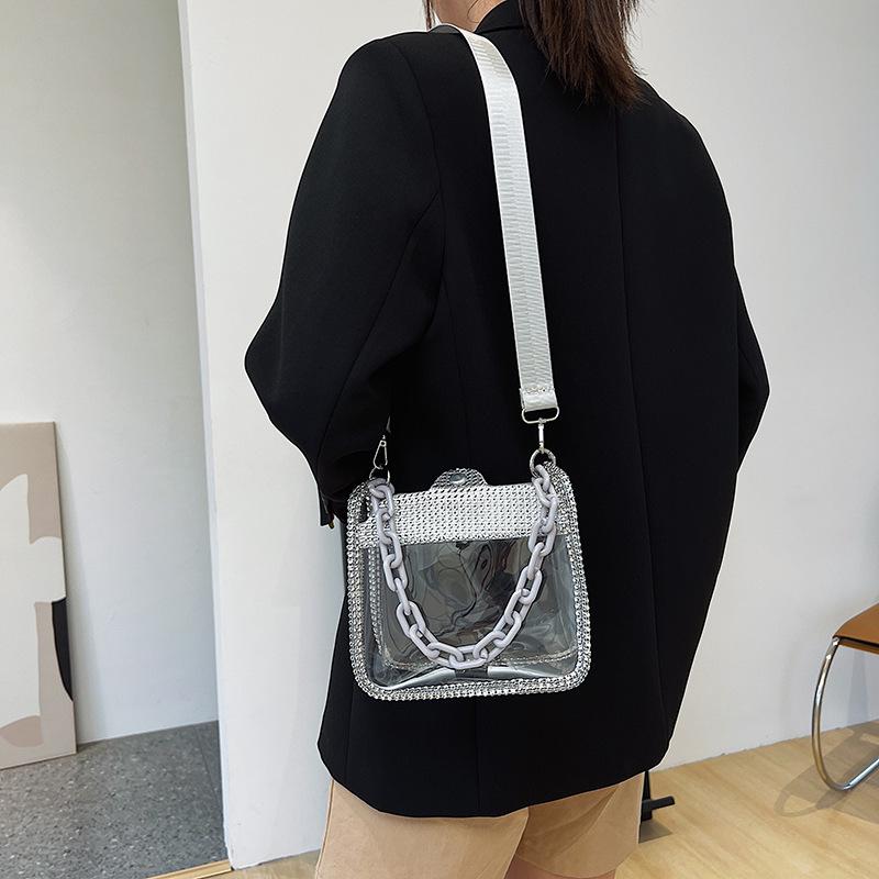 Transparent Women's Crossbody Bag - Chain Handle, PVC, Patent Leather, Small Square Style