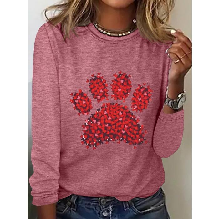 Round Neck 3D Printed Love Cat Footprint Pattern Top Fashionable Casual Long Sleeved Women's T-shirts
