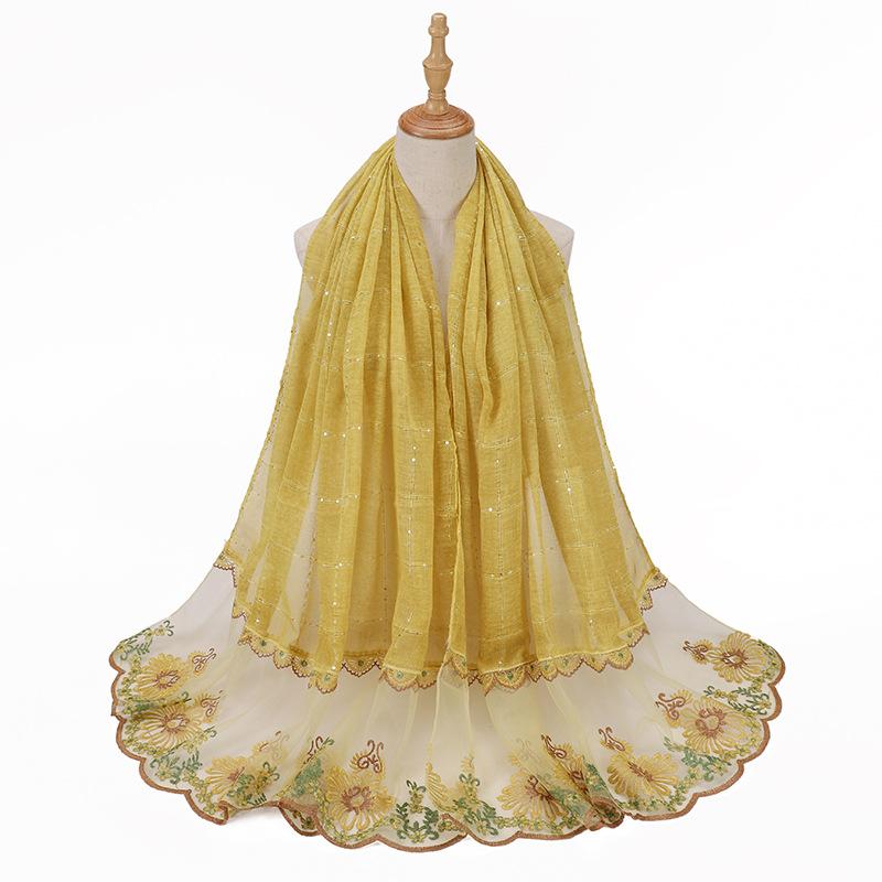 Glitter Scarf Islamic Long Shawls Wraps Luxury Flower Headscarf Headband New Embroidered Lace Sequins Hijab Stitching Splicing