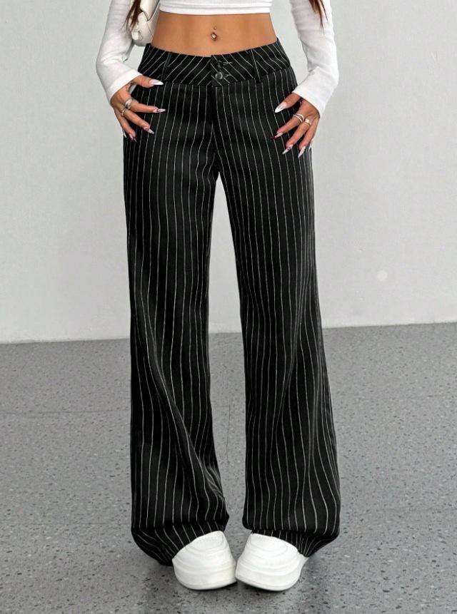 Women Striped Slim Fit Flared Casual Office Long Trousers S чёрный