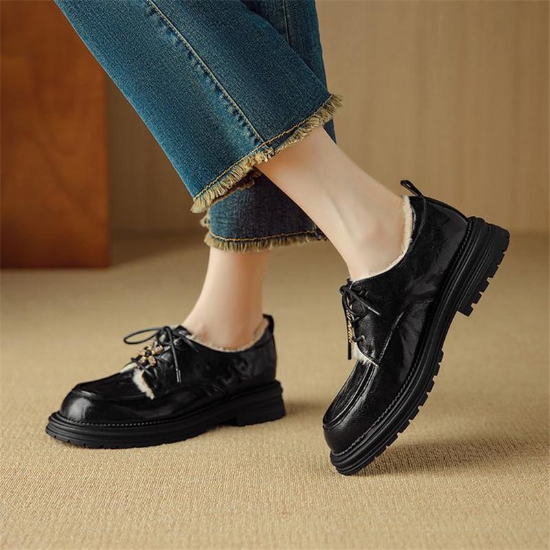Fashion New Spring Autumn Genuine Leather Women Pumps Shoes for Women Fashion Round Toe Lace Loafers Shoes Zaptos Mujer Deep Mouth Shoes