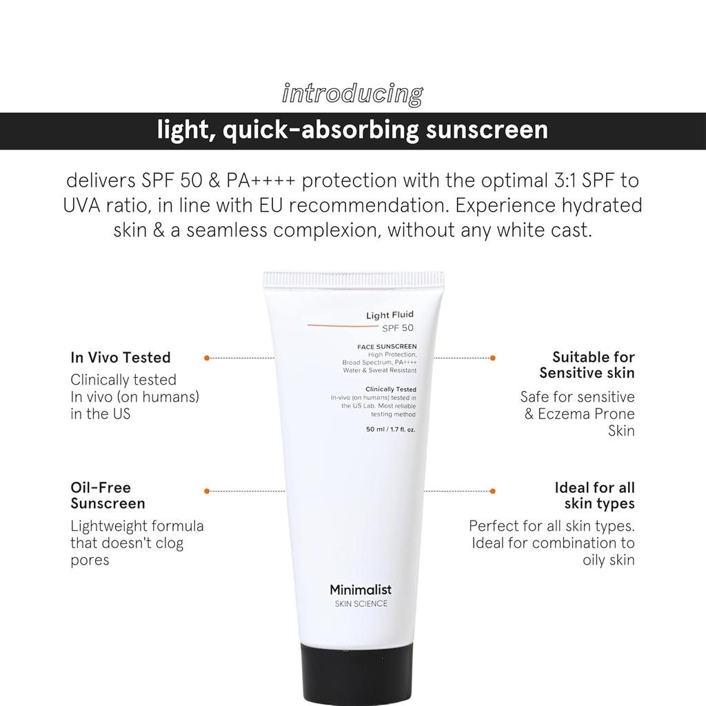 Minimalist Light Fluid Sunscreen SPF 50 PA++++ for Oily Skin, Broad Spectrum, Lightweight, Water & Sweat Resistant 50ml