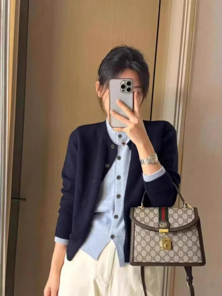 Contrasting Coat Fake Two-piece Knitted Sweater Cardigan Spring and Autumn Single-breasted Age-reducing Long-sleeved Top Women