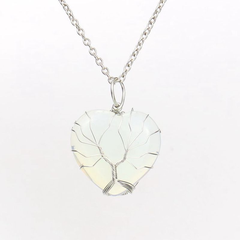 

Silver Hand-Wound Peach Heart Natural Stone Heart-Shaped Powder Crystal Tree Of Life Necklace N520