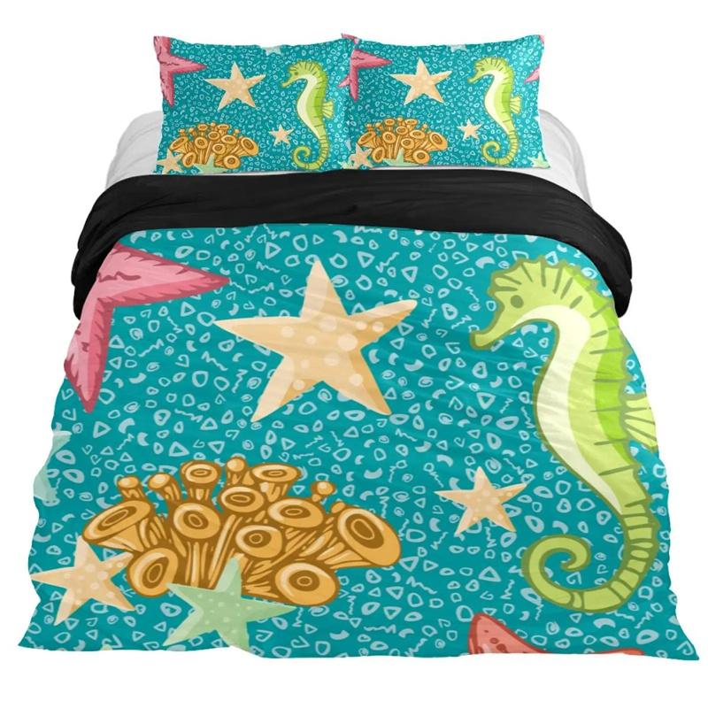 Seahorse Duvet Cover Marine Ocean Animal Print Bedding Set Mediterranean Teal Theme for Kids Women Gifts
