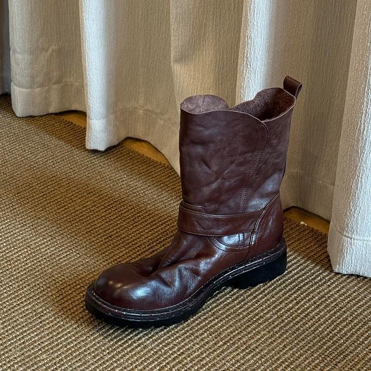 Cowhide Version~ Lazy and Slack Pleated Belt Buckle Thick Heel Short Boots Women's Leather Fashion Retro Versatile Knight Boots