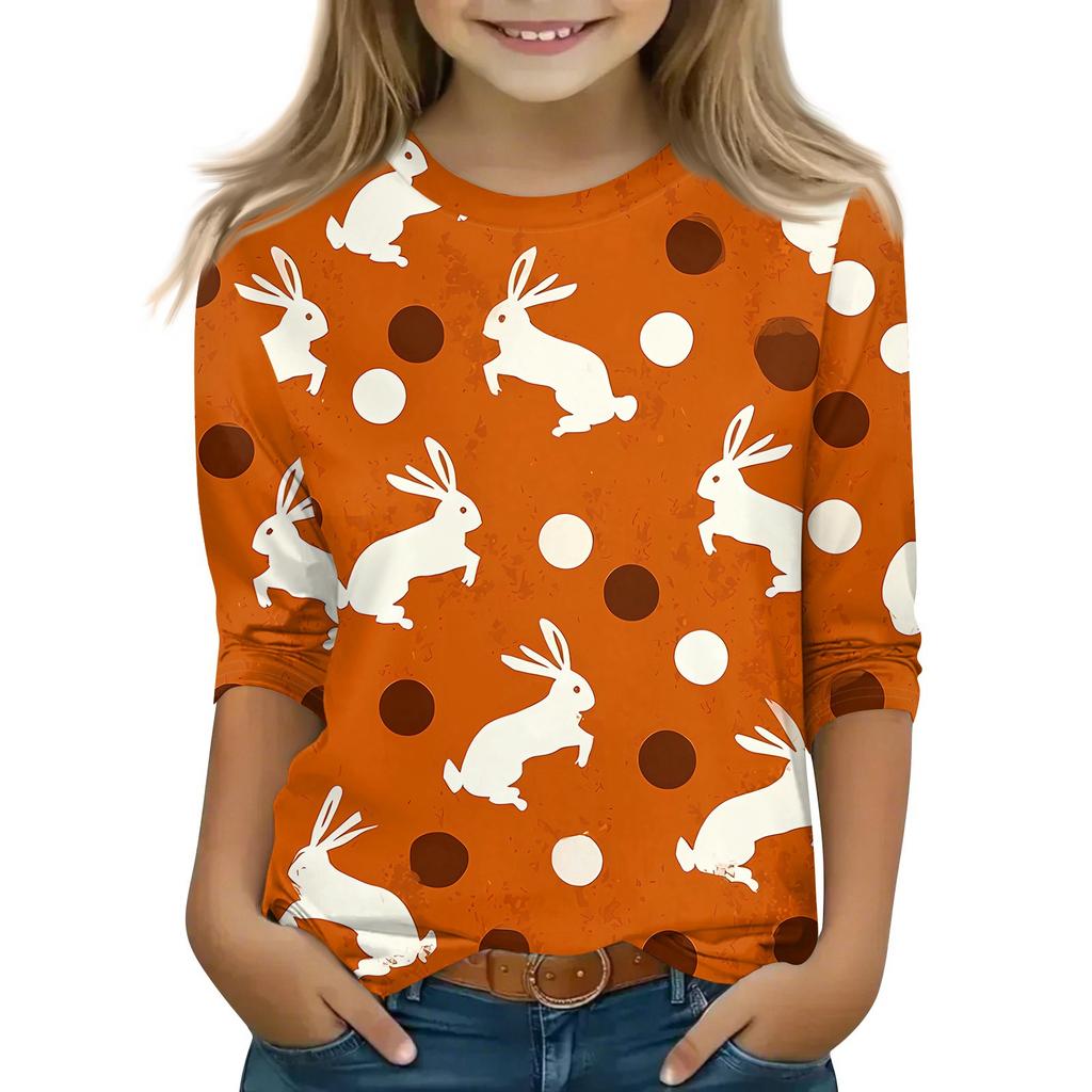 Children's 3/4 Sleeve Tops Casual Print T Shirt Round Neck Pullover Blouse