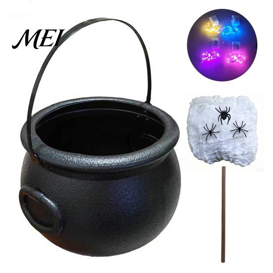 Dark Style Photo Prop Light Up Witch Cauldron DIY Set, Halloween Glowing Black Plastic Bowl with Spiders, Craft Kit Spooky Hocus Pocus Candy