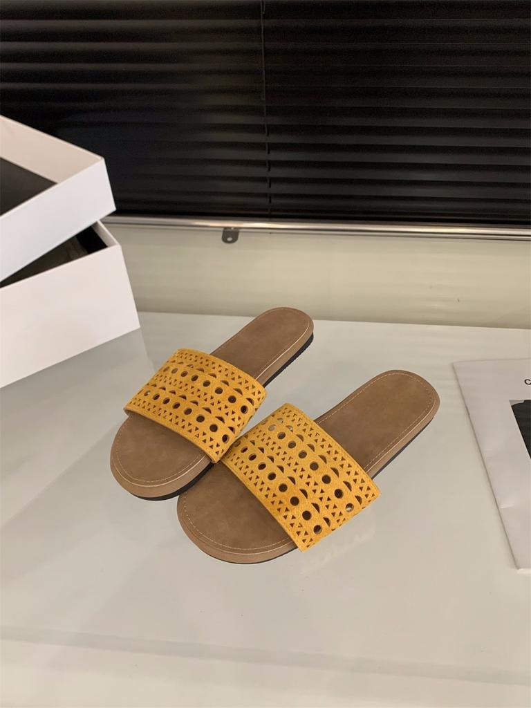 Retro mesh hollow holiday style one-word slippers women's shoes wear new flat-bottomed beach sandals