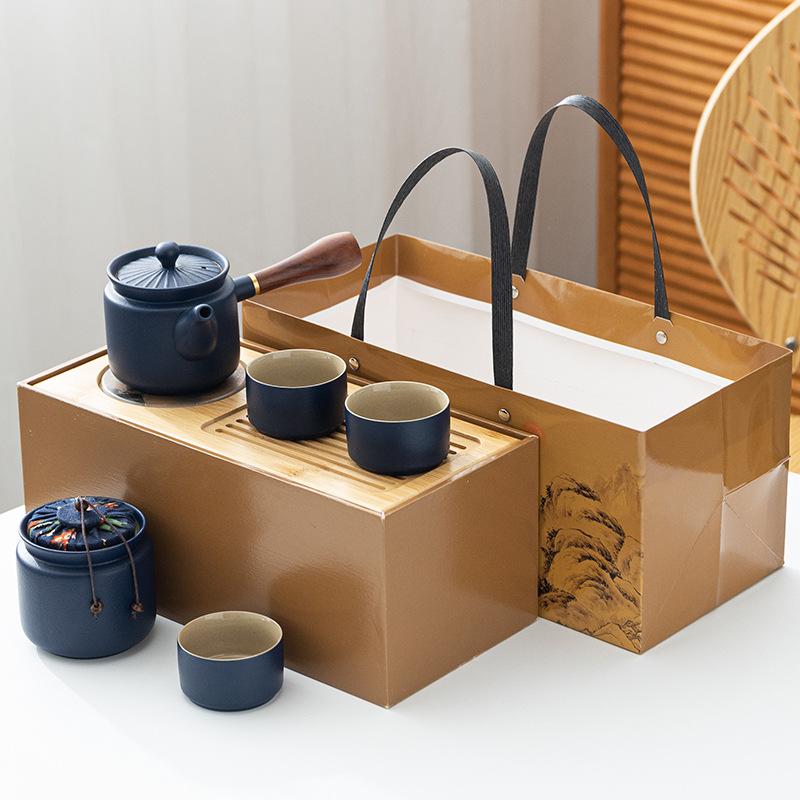 Coarse Pottery Kung Fu Tea Set Office Ceramic Side Handle Pot Wooden Handle with Tea Tray Tea Can Storage Gift