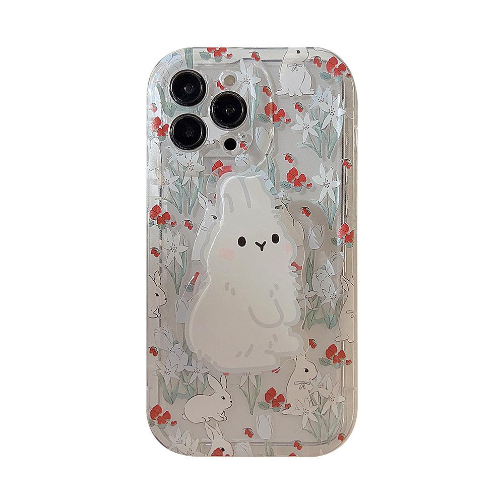 Korean Flower Rabbit Suitable for Iphone13 Apple 14 Mobile Phone Case 11 Cute Girl 15pro Max Bracket 16 Transparent