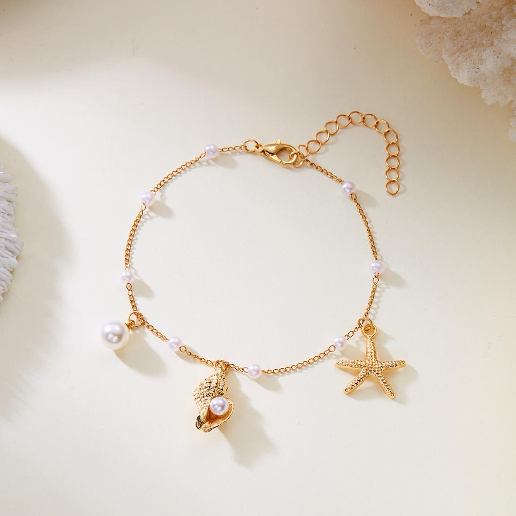 Bohemian Starfish Conch Pendant Anklet for Women Charm Imitation Pearl Metal Chain On the Leg Bracelet Jewelry Vacation Gift