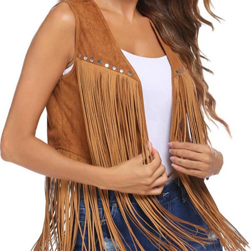 Women Sleeveless Fringed Jacket Buttonless Cardigan Vest