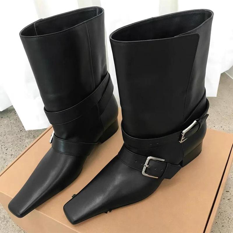 Designer Square Toes Metal Buckle Strap Short Boots For Female Women Thin High Heel New Leather Fabric Elegant Sexy Winter Shoes