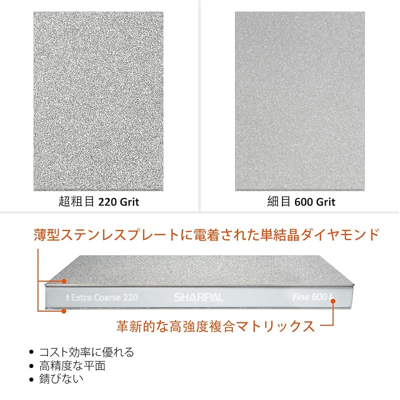 SHARPAL 169H Large 20cm x 7.5cm Double-Sided Diamond Sharpening Stone – Extra Coarse 220 Grit & Fine 600 Grit, Single-Crystal Diamond, Non-Slip Pad