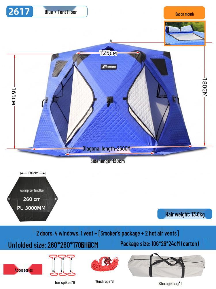 Hexagonal Cotton Ice Fishing Tent - Thickened, No Assembly Needed