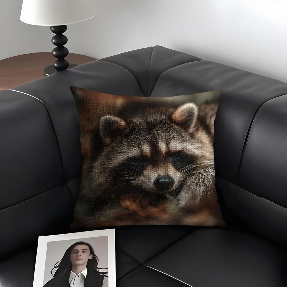 Raccoon Cute Cushion Cover Natural Linen Organic Fabric DoubleSided Printing Sofa Home Decor Gift Pillow Case