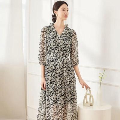 Artistic Retro 3/4 Sleeve Printed Midi Dress