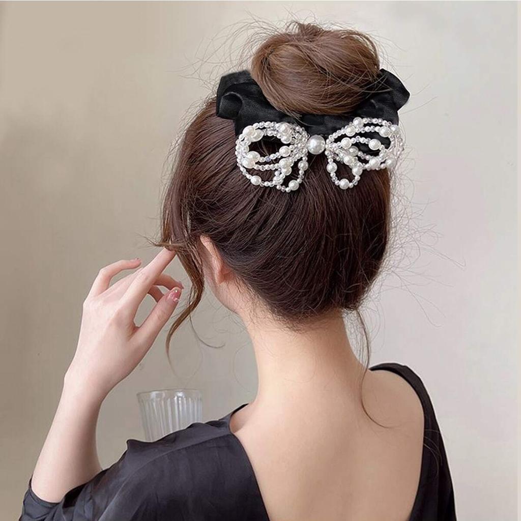 Sweet and Elegant French-Style Faux Pearl Bow Oversized Scrunchie Mesh Black Hair Tie for Girls and Women Hair Accessories