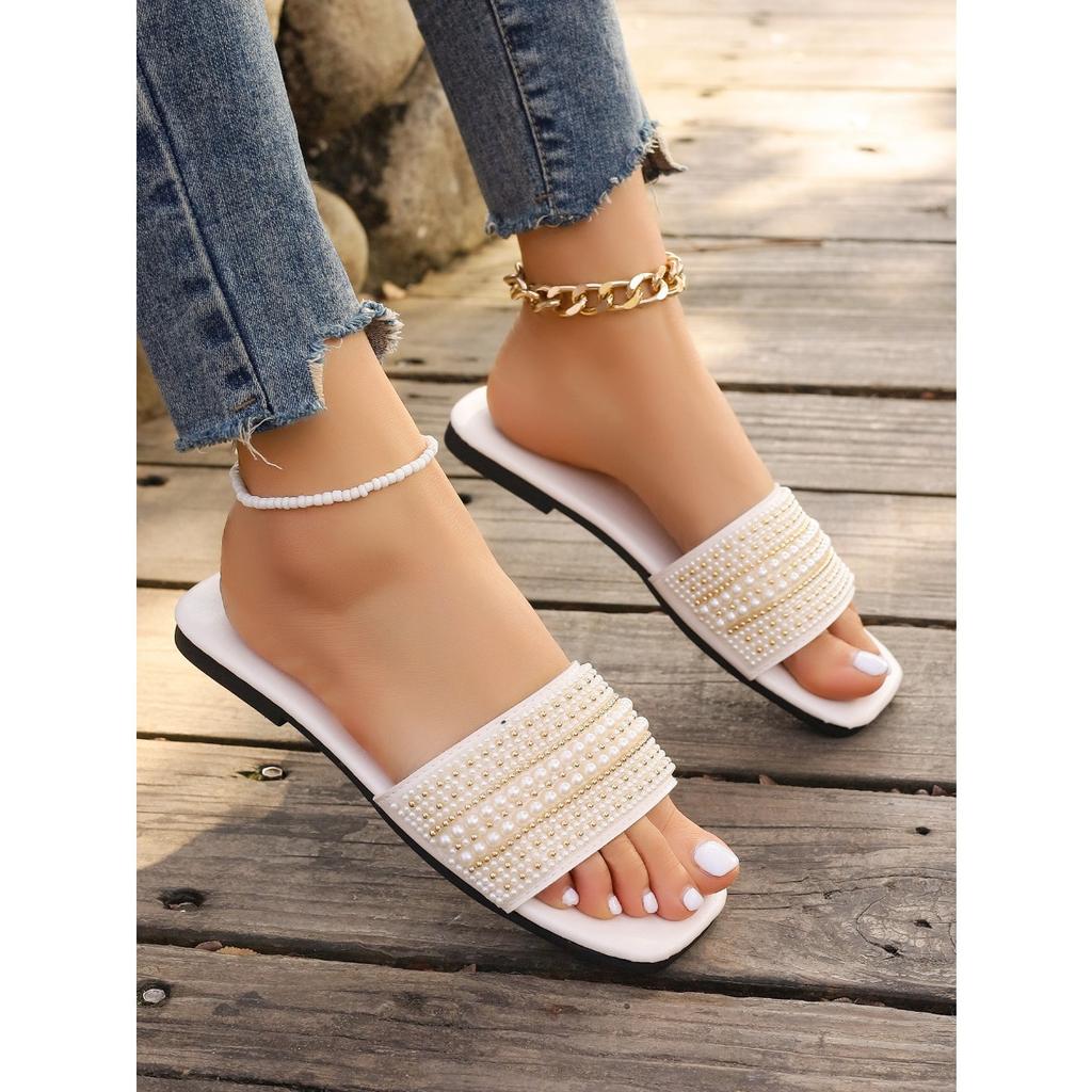 Ladies' Multi-layer Sparkling Diamond Toe Cover Sandals -Suitable for Casual, Party, Vacation, Fashionable Black Beach Shoes | Rubber Sole Single Shoe