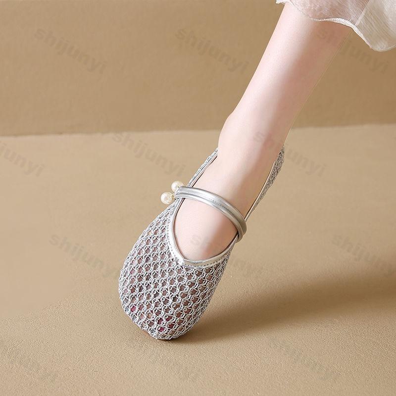 Fashion Women Mary Jane Shoes 2025 Summer Mesh Breathable Comfortable Casual Shoes Hollow Out French Dress Pearl Fashion Women's Shoes