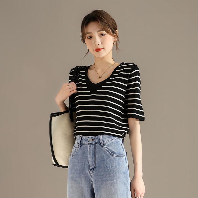 RAIN.CUN Women's Relaxed V-Neck Striped Faux Two-Piece T-Shirt