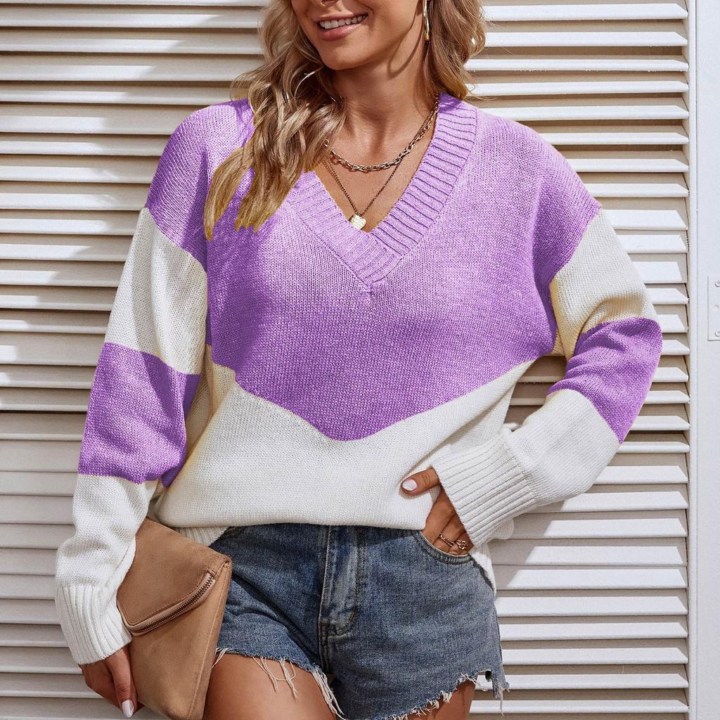 Women's Casual Fashion 2022 Long Sleeved Knitting Contrast Color Sweater Top